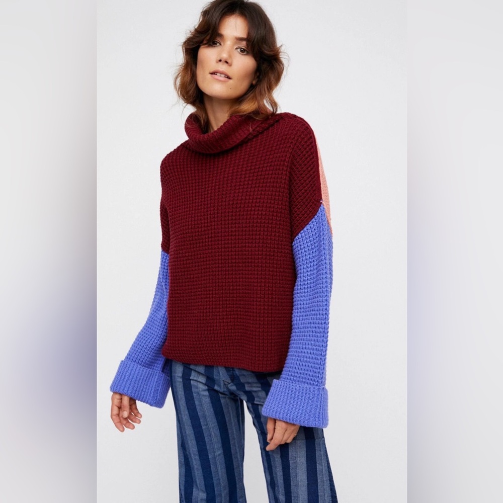 Free People Park City Colorblock Turtleneck Sweater - Burgundy and Blue - Small